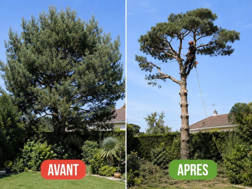Réduction de couronne sur un pin : avant et après le passage d'un élagueur grimpeur.